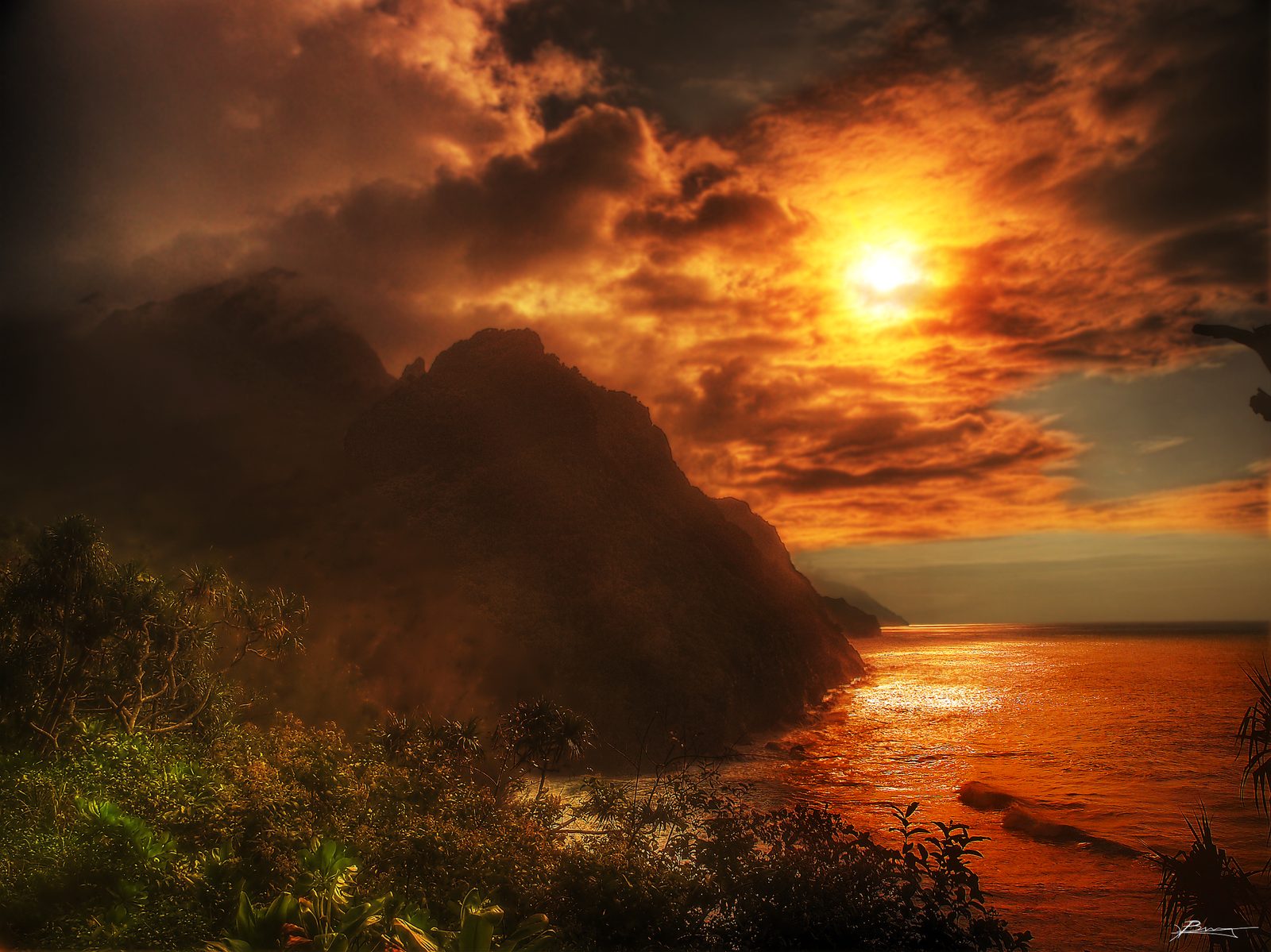 The Nā Pali Coast at sunset from the Kalalau Trail, Kauaʻi
